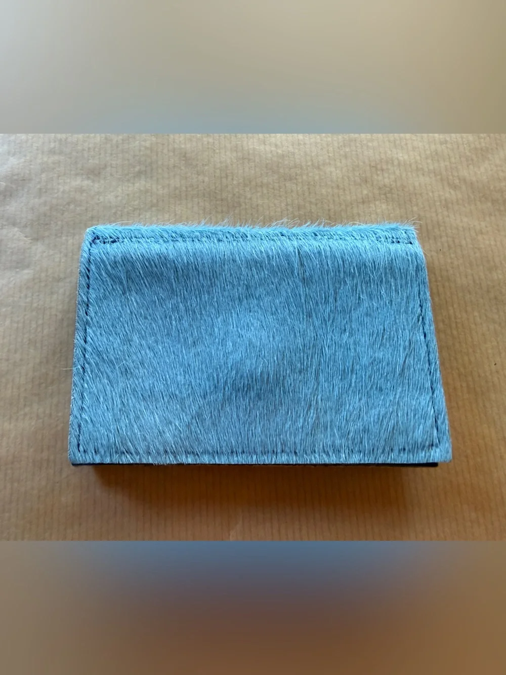Blue Faux Fur Compact Leather Wallet